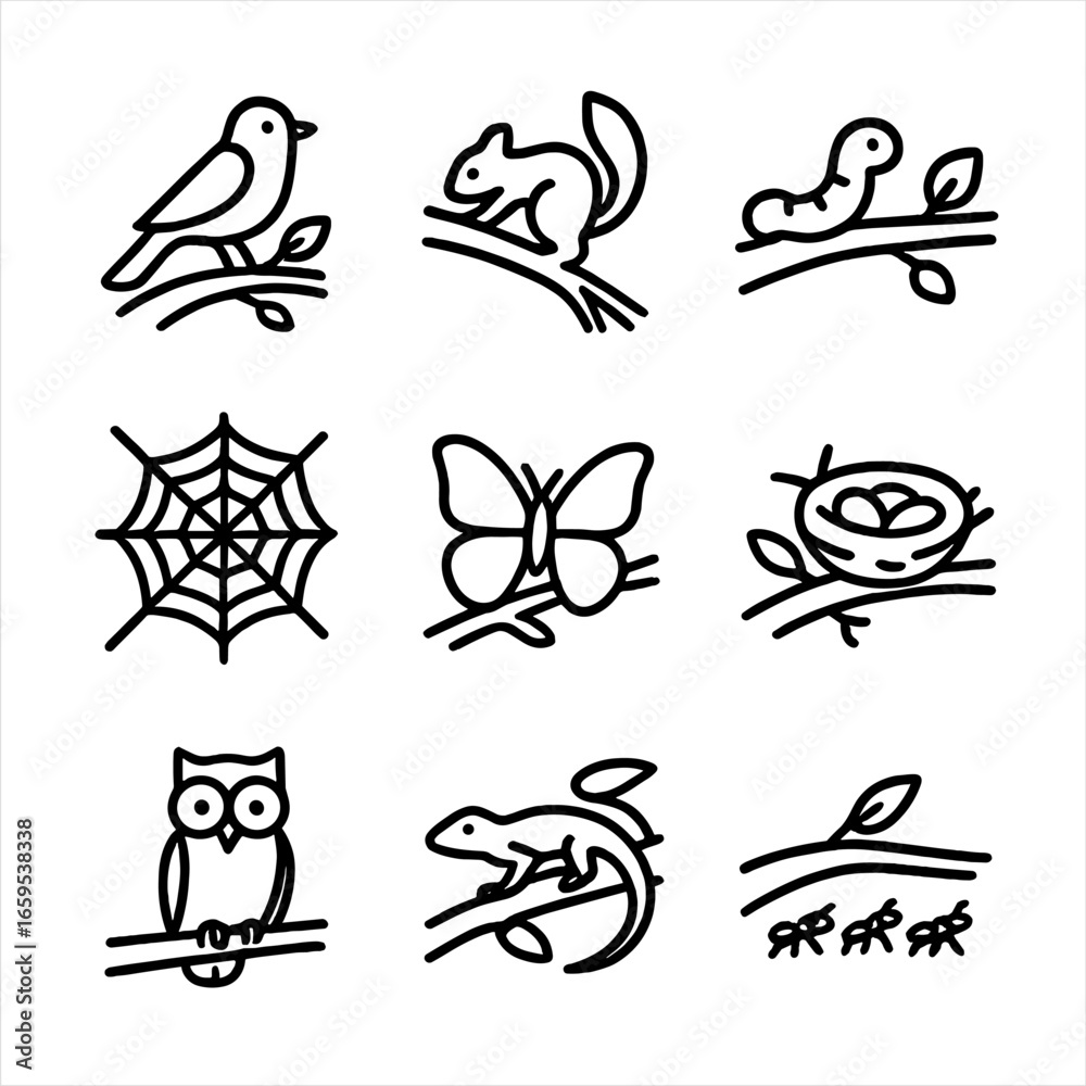 Fototapeta premium Branch Animal Icons. Outline icon set of branch animals: bird on branch, squirrel climbing, caterpillar on branch, spider web,