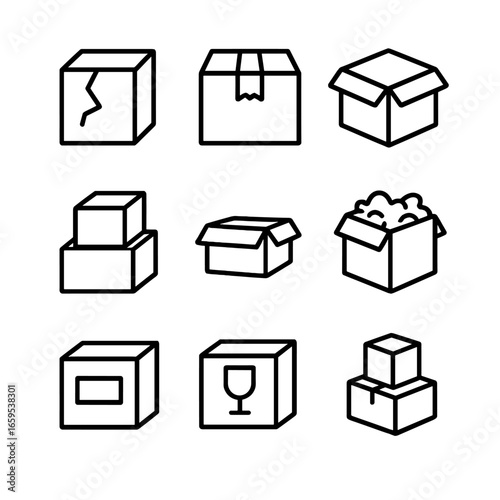 Box Condition Icons. Outline icon set of box conditions: damaged box, taped box, open box, sealed box, stacked boxes, collapsed