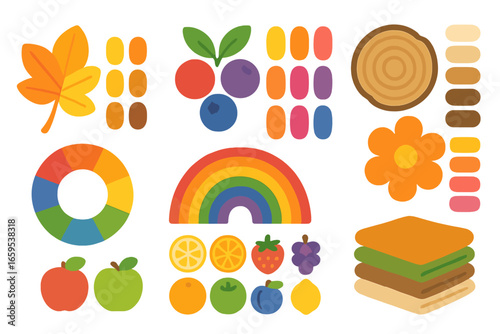 Seasonal Color Palettes. Flat vector mini-illustrations of seasonal dye palettes in colors children's