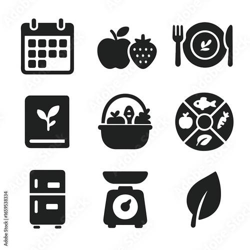 Seasonal Eating Icon Set. Solid, filled icons set of seasonal eating habits: calendar, seasonal fruits, meal