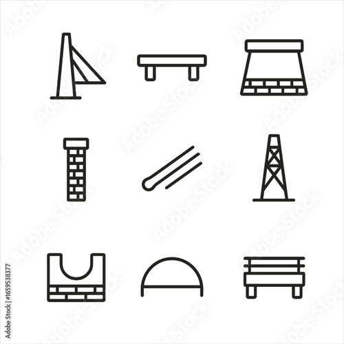 Bridge Component Icons. Outline icon set of bridge components: pylon, deck, abutment, pier, cable, tower, foundation, span,
