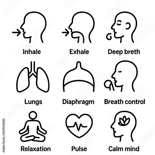 Breathing Exercise Icons. Outline icon set of breathing exercises: inhale, exhale, deep breath, lungs, diaphragm, breath control,