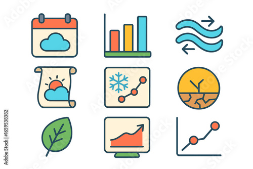 Seasonal Forecast Icons. Flat vector mini-illustrations seasonal forecasting innovations in colors children's