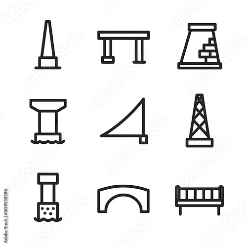 Bridge Component Icons. Outline icon set of bridge components: pylon, deck, abutment, pier, cable, tower, foundation, span,