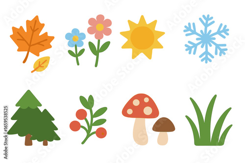 Seasonal Nature Icons. Flat vector mini-illustrations seasonal nature trends in colors children's