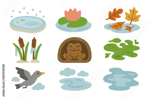 Seasonal Pond Transformations. Flat vector mini-illustrations of seasonal pond changes in colors children's