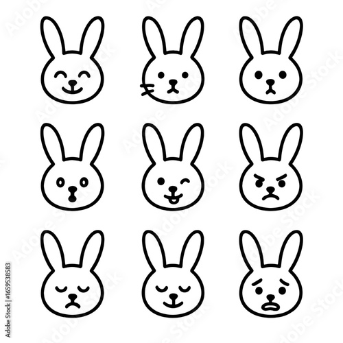 Bunny Expression Icons. Outline icon set of bunny expressions: happy bunny, curious bunny, sleepy bunny, surprised bunny, playful