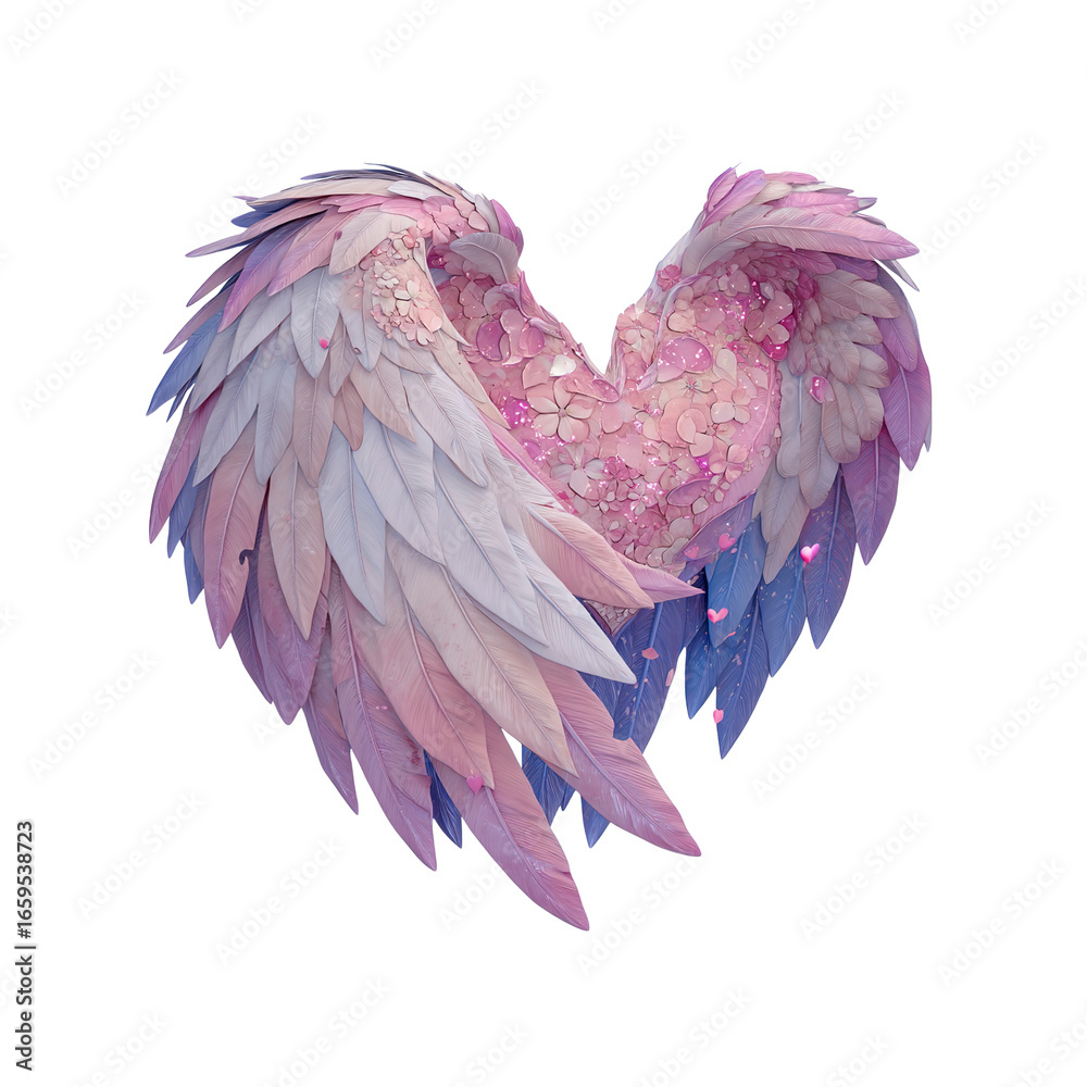 Fototapeta premium Heart-Shaped Angel Wings with Pink Flowers and Feathers Romantic and Dreamy Digital Art