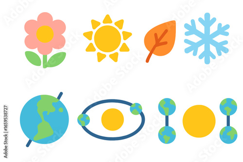 Seasons of Earth. Flat vector mini-illustrations Seasons on Earth in colors children's illustrations: spring