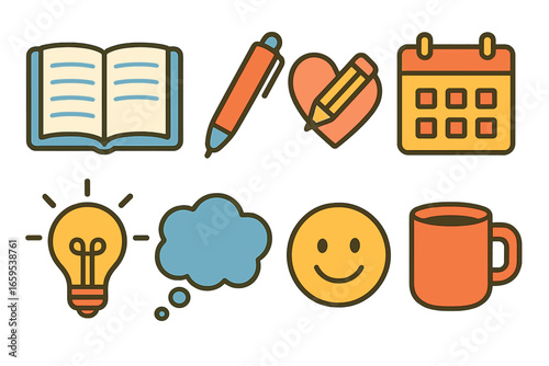 Self-Awareness Icons Grid. Flat vector mini-illustrations Journaling for self-awareness in colors children's