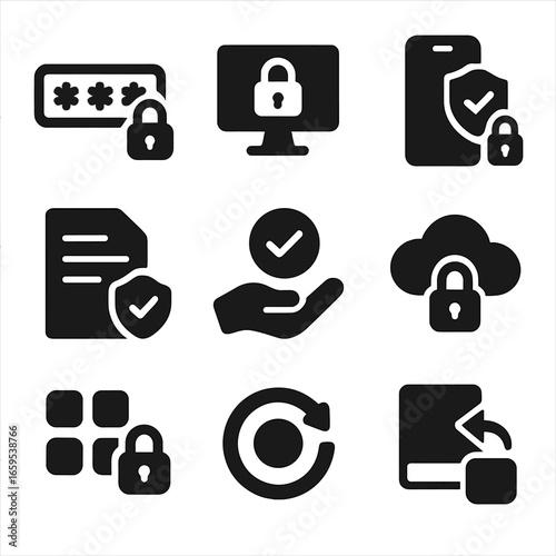 Security Icons Grid. Solid, filled icons set of security and privacy: password lock, data encryption,