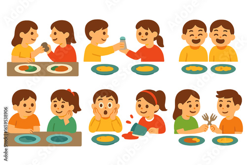 Sibling Dinner Fun. Flat vector mini-illustrations Sibling dinner moments in colors children's illustrations: