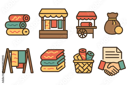 Silk Market Miniatures. Flat vector mini-illustrations silk markets and trade in colors children's