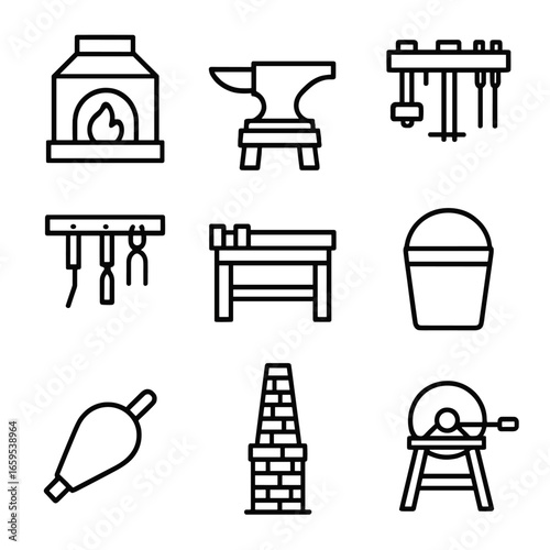 Forge Workshop Icons. Outline icon set of forge workshop: forge furnace, anvil stand, hammer rack, tool shelf, workbench, water