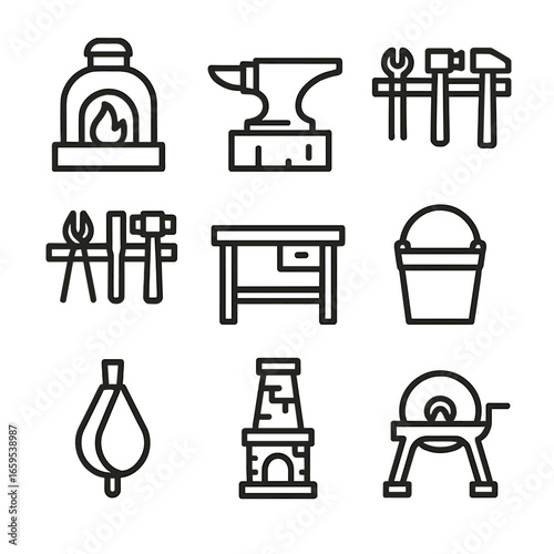 Forge Workshop Icons. Outline icon set of forge workshop: forge furnace, anvil stand, hammer rack, tool shelf, workbench, water