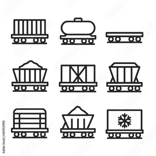 Freight Train Icons. Outline icon set of railway freight types: container, tanker car, flatbed car, coal car, boxcar, grain hopper