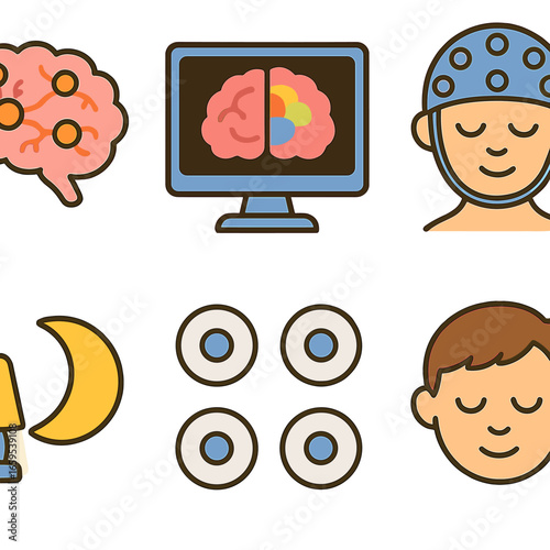 Sleep Brain Activity. Flat vector mini-illustrations brain activity during sleep in colors children's