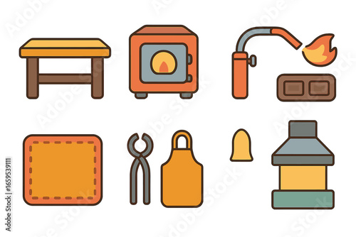 Casting Studio Icons. Flat vector mini-illustrations casting studio setup in colors children's illustrations: workbench, kiln oven