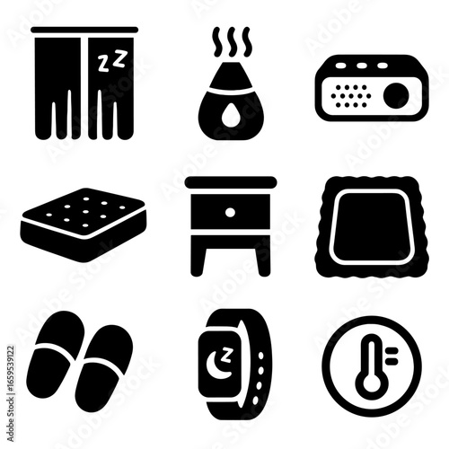 Sleep Environment Icons. Solid, filled icons set of sleep environment: blackout curtains, humidifier, white
