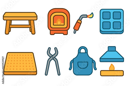 Casting Studio Icons. Flat vector mini-illustrations casting studio setup in colors children's illustrations: workbench, kiln oven