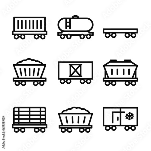 Freight Train Icons. Outline icon set of railway freight types: container, tanker car, flatbed car, coal car, boxcar, grain hopper