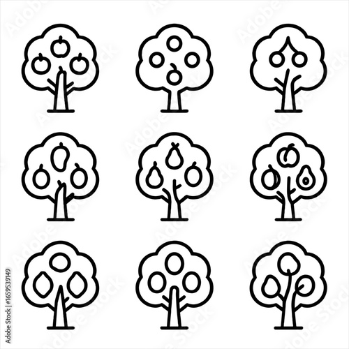 Fruit Tree Icons. Outline icon set of fruit trees: apple tree, orange tree, cherry tree, mango tree, pear tree, peach tree, lemon
