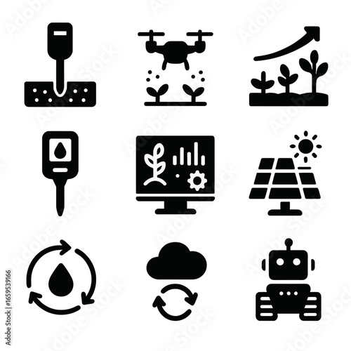 Smart Agriculture Icons. Solid, filled icons set of smart agriculture systems: soil sensor, drone spray, crop