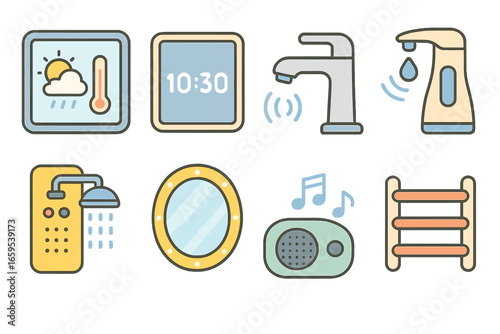 Smart Bathroom Icons. Flat vector mini-illustrations interactive bathroom technology in colors children's
