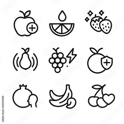 Fruity Health Icons. Outline icon set of fruity health benefits: vitamin boost, hydration, antioxidants, fiber, energy, immune
