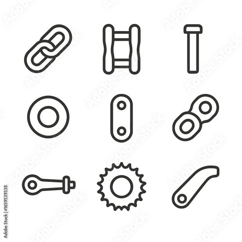 Chain Components Icons. Outline icon set of chain components: chain link, master link, chain pin, chain roller, chain plate,