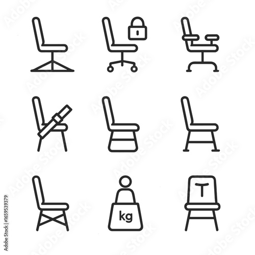 Chair Safety Icons. Outline icon set of chair safety: anti-tip base, locking wheels, armrest pads, seatbelt, cushioned edges,