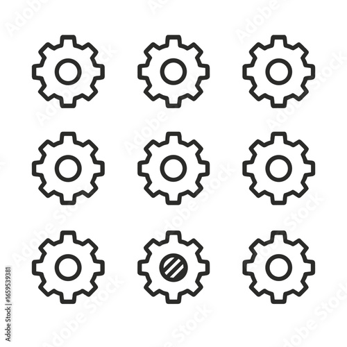 Gear Material Icons. Outline icon set of gear materials: steel gear, brass gear, plastic gear, aluminum gear, cast iron gear,