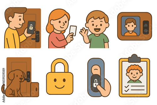Smart Family Security. Flat vector mini-illustrations family using smart locks in colors children's