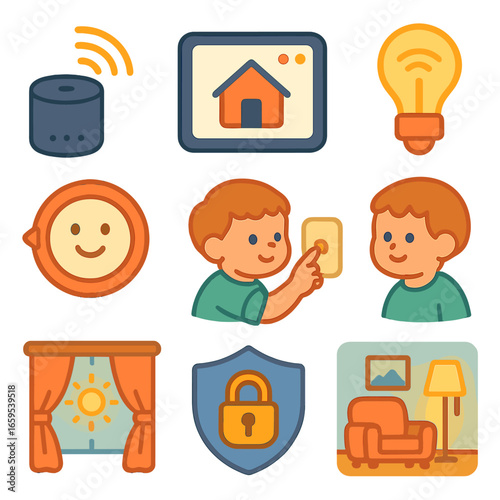 Smart Home Kids' Icons. Flat vector mini-illustrations creating a home automation scene in colors children's
