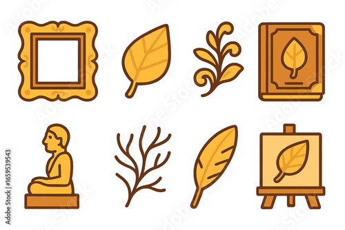 Gilded Icons Grid. Flat vector mini-illustrations gold leaf in colors children's illustrations: gilded frame, gold leaf sheet,