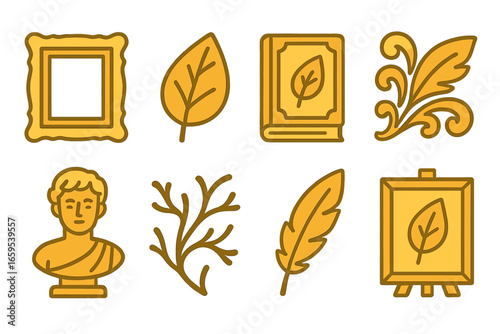 Gilded Icons Grid. Flat vector mini-illustrations gold leaf in colors children's illustrations: gilded frame, gold leaf sheet,