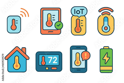 Smart Home Sensors. Flat vector mini-illustrations smart temperature monitors in colors children's