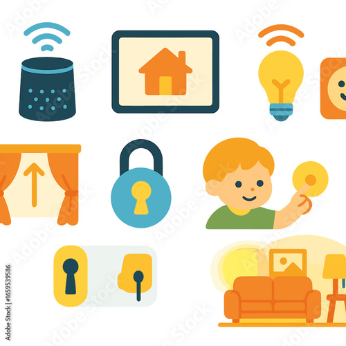 Smart Home Kids' Icons. Flat vector mini-illustrations creating a home automation scene in colors children's