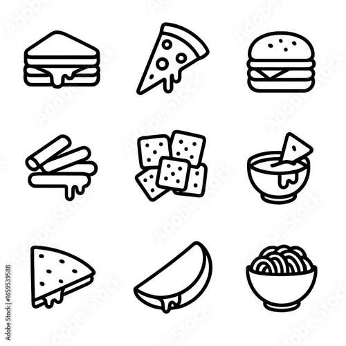 Cheese Snack Icons. Outline icon set of cheesy snacks and dishes: grilled cheese sandwich, cheese pizza slice, cheese burger,