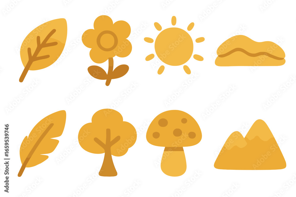 Fototapeta premium Golden Elements Grid. Flat vector mini-illustrations golden nature elements in colors children's illustrations: golden leaf,