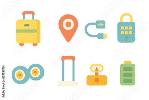 Smart Luggage Icons. Flat vector mini-illustrations Smart luggage in colors children's illustrations: smart
