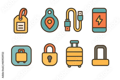 Smart Luggage Accessories. Flat vector mini-illustrations Smart luggage accessories in colors children's