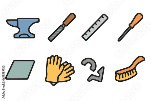 Children's Metalwork Tools. Flat vector mini-illustrations metalwork workbench in colors children's illustrations: anvil, file,