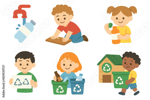 Smart Recycling Icons. Flat vector mini-illustrations Smart recycling habits in colors children's