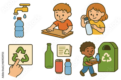 Smart Recycling Icons. Flat vector mini-illustrations Smart recycling habits in colors children's