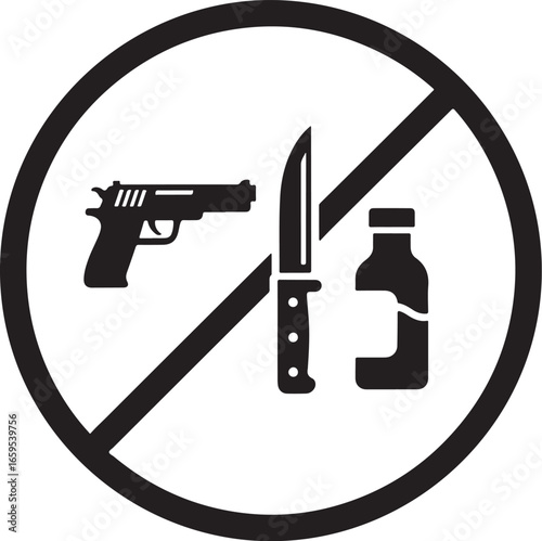 No Weapons Allowed Icon – Prohibited Gun Knife Bottle Sign