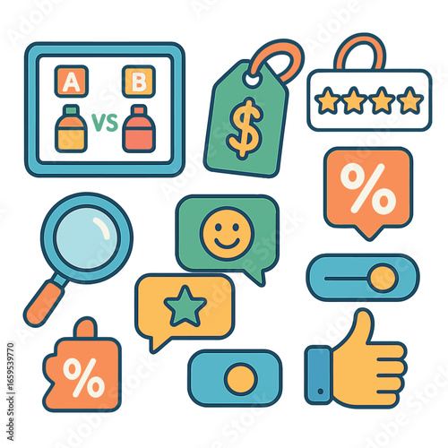 Smart Shopping Icons. Flat vector mini-illustrations Smart shopping comparisons in colors children's
