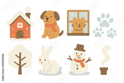 Snowy Village Pets. Flat vector mini-illustrations Pets in snowy villages in colors children's illustrations: