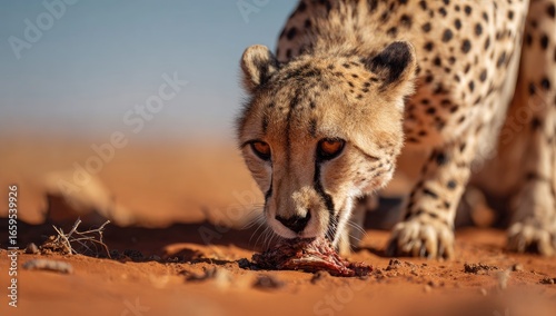 Cheetah eating carcass in African desert