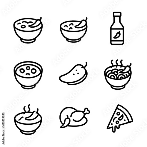 Chili Dishes Icon Grid. Outline icon set of chili dishes: chili con carne, spicy salsa, hot sauce, chili stew, stuffed chili,